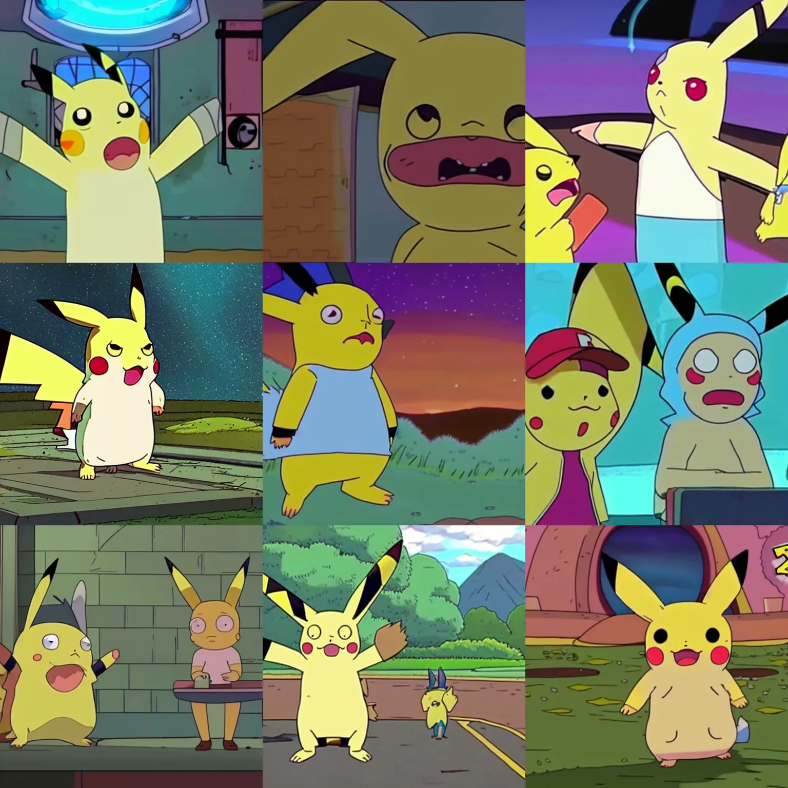 Prompt: a film still of pikachu on rick and morty