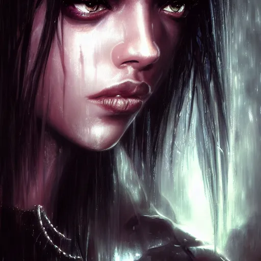 Image similar to aaliyah, darkwave, darksynth, concept headshot art, sharp, digital matte painting, art by luis royo, greg rutkowski, wlop, dramatic lighting, trending on artstation