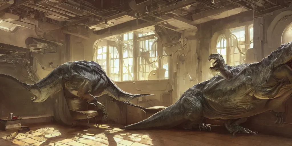 Prompt: huge t - rex lounging in a chair in front of an oven, highly detailed, digital painting, concept art, matte, sharp focus, illustration by artgerm, art by greg rutkowski, art by alphonse mucha