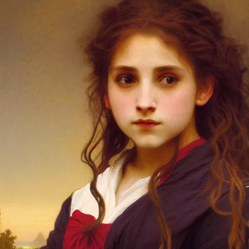 Image similar to Painting of Hermione Granger by William Adolphe Bouguereau. Sunset. Extremely detailed. 4K. Award winning.