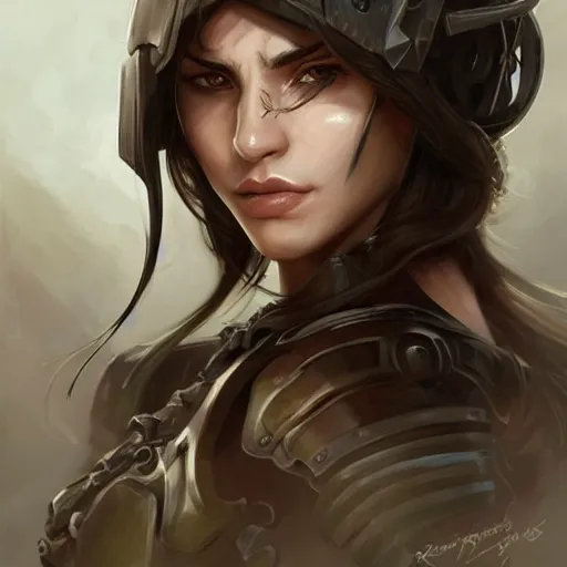 Prompt: a portrait of an attractive young woman, clothed in battle armor, olive skin, long dark hair, beautiful bone structure, symmetrical facial features, intricate, elegant, highly detailed, digital painting, trending on Artstation, concept art, smooth, sharp focus, illustration, in the style of artgerm and greg rutkowski and alphonse mucha