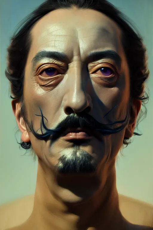 Prompt: ultra detailed face portrait of salvador dali, extremely detailed digital painting, in the style of fenghua zhong and ruan jia and jeremy lipking and peter mohrbacher, mystical colors, rim light, beautiful lighting, 8 k, stunning scene, raytracing, octane, trending on artstation