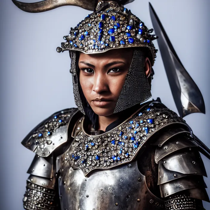Prompt: portrait photograph of a real-life warrior with sapphire encrusted armour. Extremely detailed. 8k