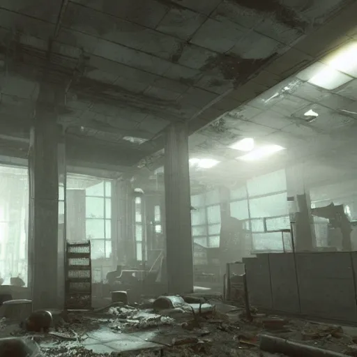 Image similar to fallout concept art building interior render grim realistic lighting unreal engine 5