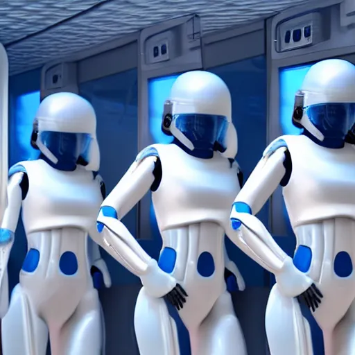 Image similar to troop of cloned women with white bob hairdos, tight light blue space trooper suits, futuristic cloning facility, sci - fi, highly detailed, cinematic