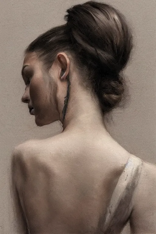 Image similar to girl with messy bun hairstyle, back view, tattoo sleeve, jeremy lipking, joseph todorovitch