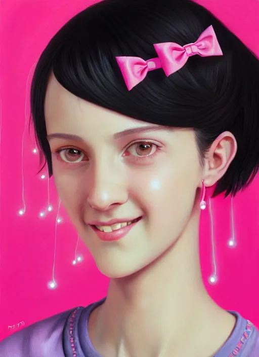 Image similar to portrait of high school girl, realistic, black hair, bangs, half updo hairstyle, pointy nose, skinny, smile, ugly, defined jawline, big chin, pink hair bow, earrings, intricate, elegant, glowing lights, highly detailed, digital painting, artstation, sharp focus, illustration, art by wlop, mars ravelo and greg rutkowski