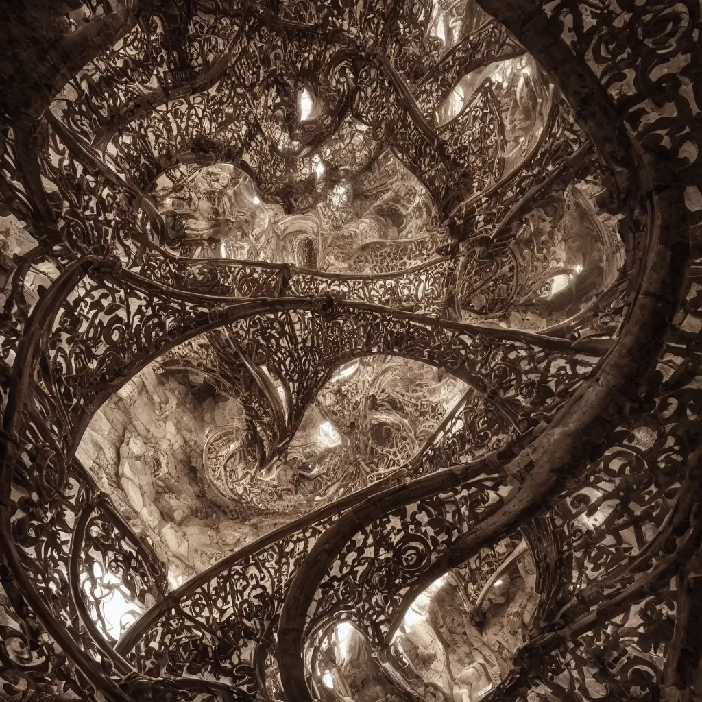 Prompt: , grand spiral stairs going down deep in a dark hole, baroque, by antoni gaudi and greg rutkowski, dramatic volumetric cinematic light, chiaroscuro, cinematic, high quality, high detailed, detailed patterns pop art