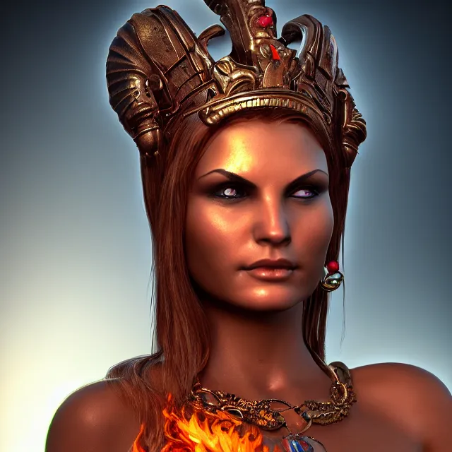 Image similar to perfectly centered close up portrait of goddess of fire, perfect human female specimen, candid photography, by anne stokes and todd mcfarlane, updo, highly detailed, unreal engine 5