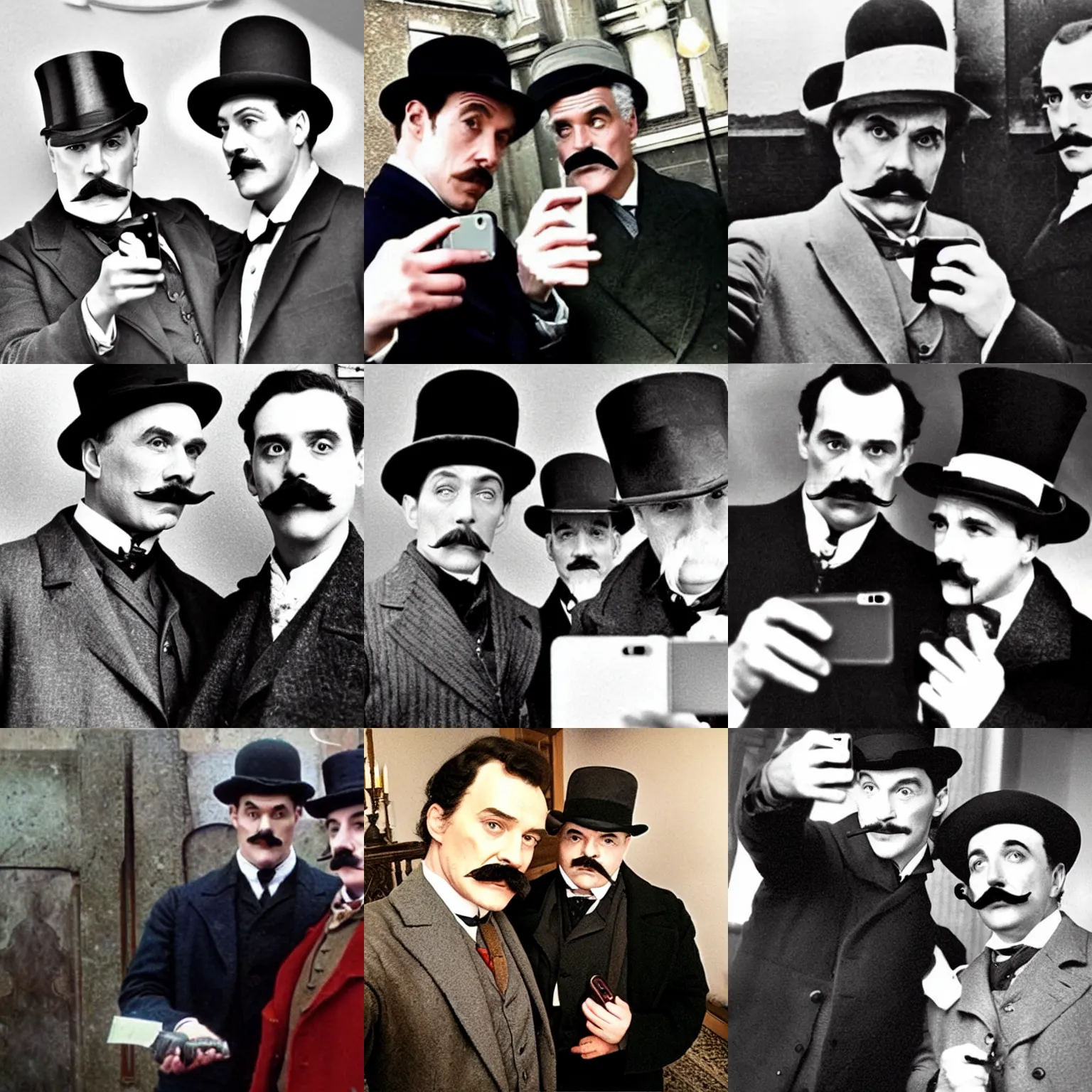 Prompt: Sherlock Holmes takes a selfie with Hercule Poirot, facebook