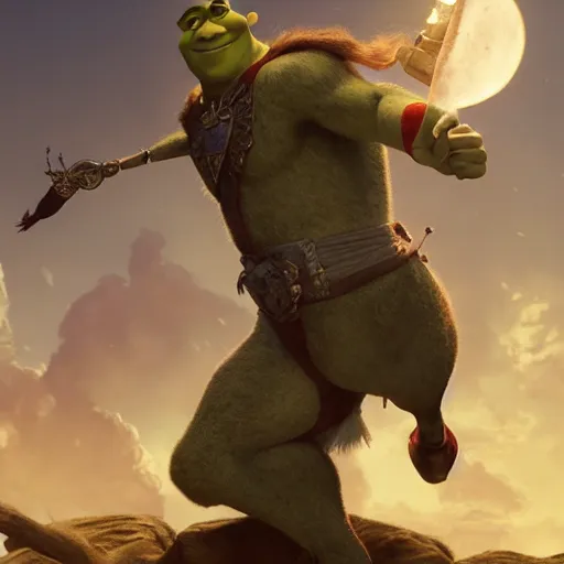 Image similar to shrek as a glorious devout shining powerful epic amazing awesome very handsome attractive muscular stylish knight in shining golden armor riding donkey, fantasy art, highly detailed, photorealistic, octane render, 8 k, unreal engine, art by artgerm and greg rutkowski and alphonse mucha