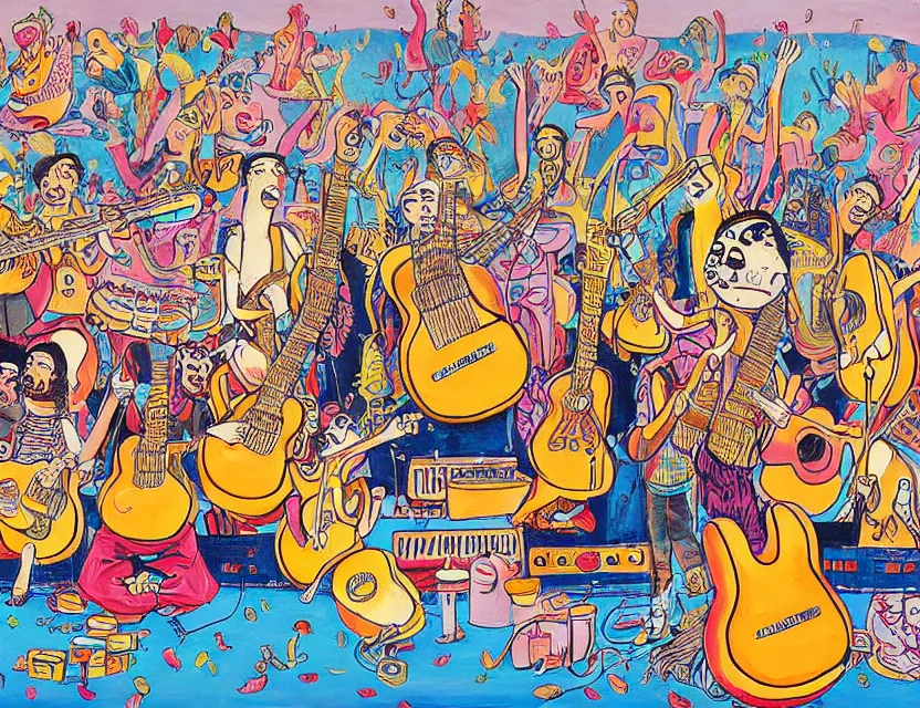 Image similar to a detailed painting of a concert by bananas with guitars while the gold fishes are stoned and smiling in the sky in the style of artist James Jean