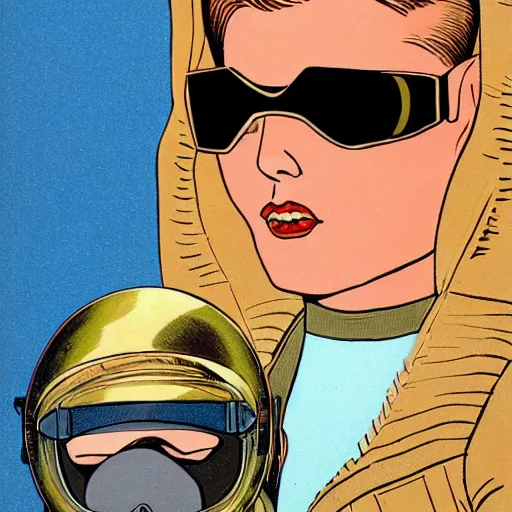 Prompt: heroic square - jawed emotionless serious blonde butch woman aviator, with dark brass victorian goggles, handsome, very short butch slicked - back hair, wearing flight suit, looking distracted, awkward, standing in front of small spacecraft, alien 1 9 7 9, illustration, science fiction, retrofuture, highly detailed, colorful, graphic, ron cobb, mike mignogna