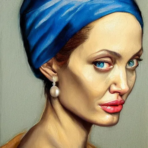 Image similar to a beautiful oil painting of angelina jolie as the girl with a pearl earring