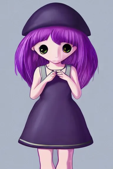 Image similar to a little girl wearing a mushroom hat in dress sitting | | purple curvy hair, pretty face, fine details, digial art by lois van baarle, anatomically correct, perfect composition, symmetrical, fantastic, clean details, anime character, extremely detailed