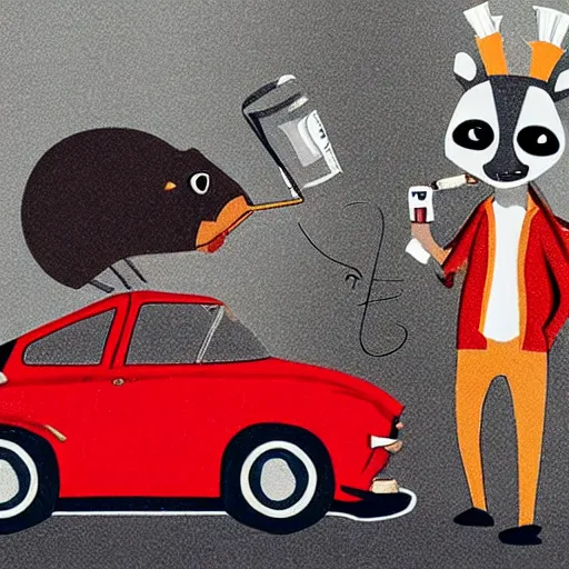 Prompt: a raccoon in a leather jacket smoking a cigarette at a drive in movie with a giraffe in a red dress drinking beer, red car, Charles Shultz cartoon