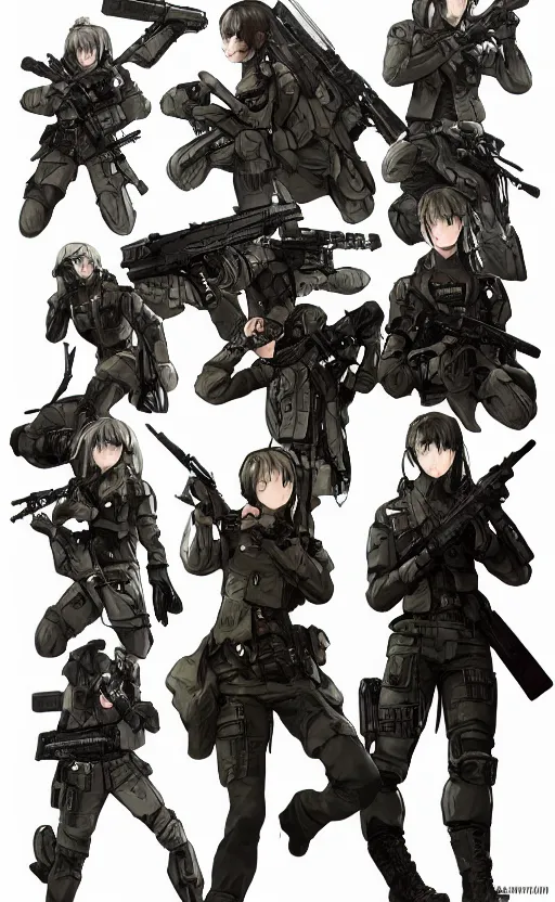 Prompt: highly detailed, high resolution, character design art, stunning, volumetric lightning, realistic guns, girls frontline style, matte, sharp focus, 130mm, illustration, artstation, by yusuke kozaki, realistic human anatomy, simple design, realistic military gear, metal gear style, videogame inspired, realistic faces, ballistic pads