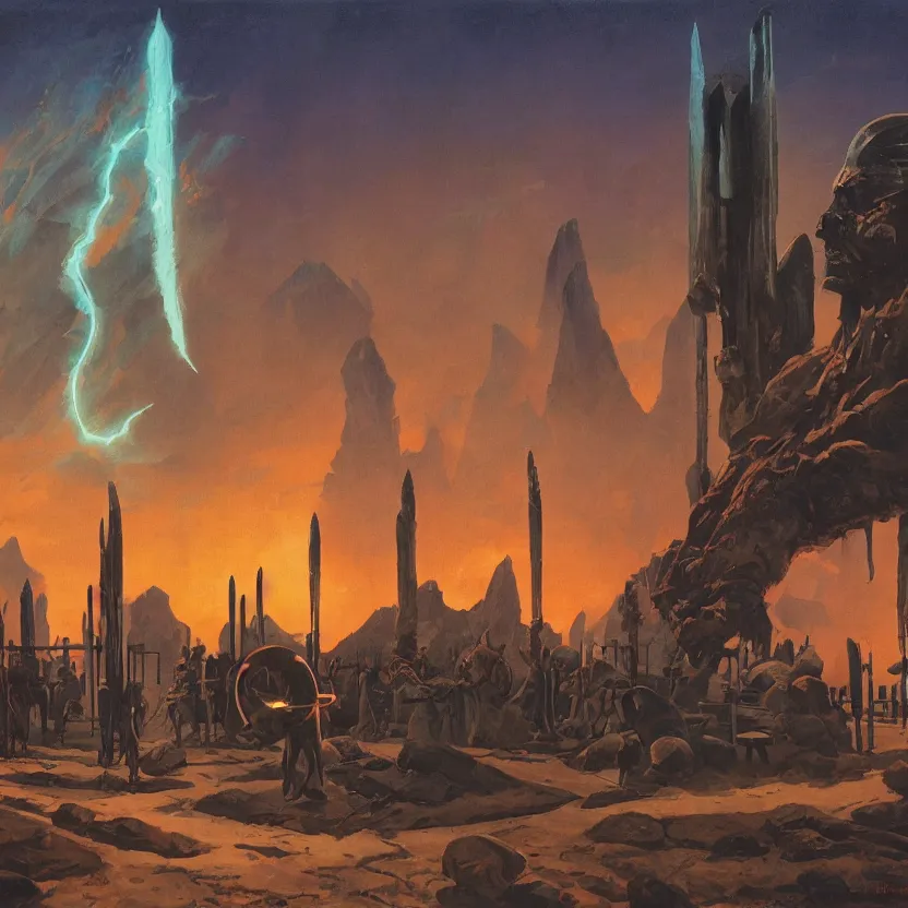 Prompt: a baseball field with ancient monoliths with glowing runes. highly detailed science fiction painting by daniel romanovsky, frank frazetta, and syd mead. rich colors, high contrast, gloomy atmosphere, dark background.