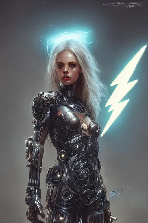 Prompt: Lightning Bikini Armor, cybernetic, digital illustration, trending on artstation, professional art by Seb McKinnon and WLOP and ArtGerm