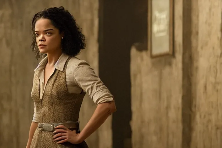 Image similar to portrait of tessa thompson as dolores abernathy in westworld