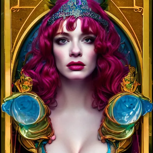 Prompt: christina hendricks as aphrodite goddess of love, intricate and vibrant nature colors, tarot card, full of silver layers, portrait, trending on artstation, incredible blue and pink illustration, exquisite detail, octane render, 8 k postprocessing