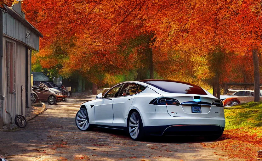 Image similar to new tesla model s on an autumn street by peder mørk mønsted