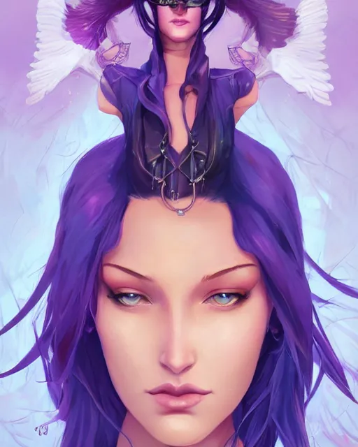 Image similar to beautiful Bella Hadid purple hair tattoos symmetrical face eyes full body fantasy art icon, 5d art cover , official fanart behance hd artstation by Jesper Ejsing, by RHADS, Makoto Shinkai and Lois van baarle, ilya kuvshinov, rossdraws