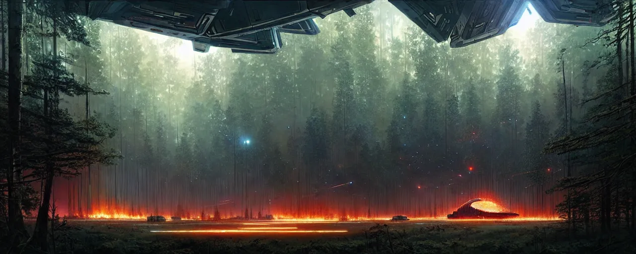 Prompt: a giant megastructure spaceship wrecked and lost in the forest, a small fire in the distance, powerful laser light and large sound system on the left close to the camera, detailed digital art by greg rutkowski.