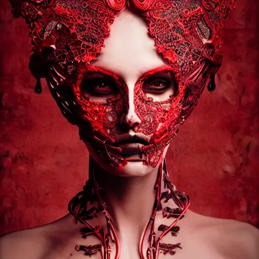 Image similar to a female model by stefan geselle and nekro borja, photorealistic, biomechanical, red lace, intricate details, hyper realistic, ornate headpiece, dark beauty, photorealistic, canon r 3, photography, wide shot, photography, dark beauty, symmetrical features