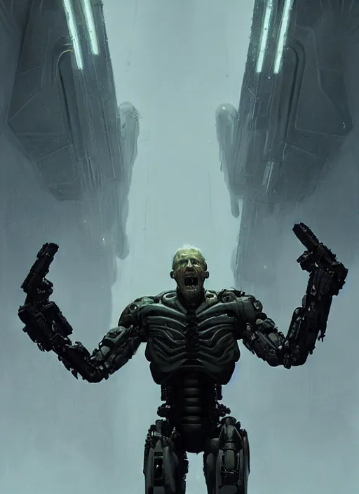 Prompt: james cameron as victor stone, full body concept, cyborg, borg, strogg, face of a man, terminator, flesh, quake strogg, doom demon, wolfenstein, monstrous, powerful, symmetry, symmetrical, concept art by ruan jia and greg rutkowski