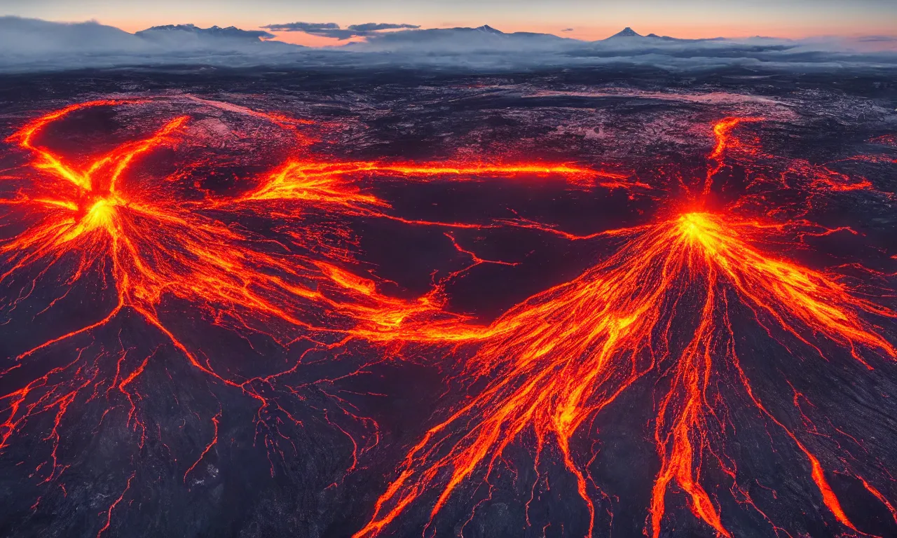 Prompt: an aerial view of an erupting volcano, sunset, no clouds, a lot of snow, lava going down the mountain, a near big city, intense black smoke, dramatic style, hyper realistic professional photo