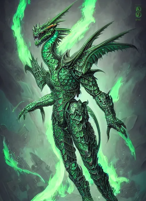 Image similar to muscular and tall green ghostly fire humanoid dragon!!!! draconian!! intricate ornate iridescent heavy armor!! character concept art, sharp focus, octane render! unreal engine 5! highly rendered!! trending on artstation!! detailed linework!! illustration by artgerm, wlop, and chie yoshii