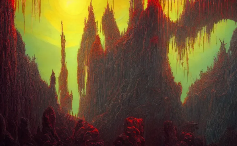 Image similar to by Moebius , landscape of mystic dark cult deep underwater, monumental giant palace, soft light through dark waters, red+yellow colours, high quality details, one point perspective, denoise deep depth of field