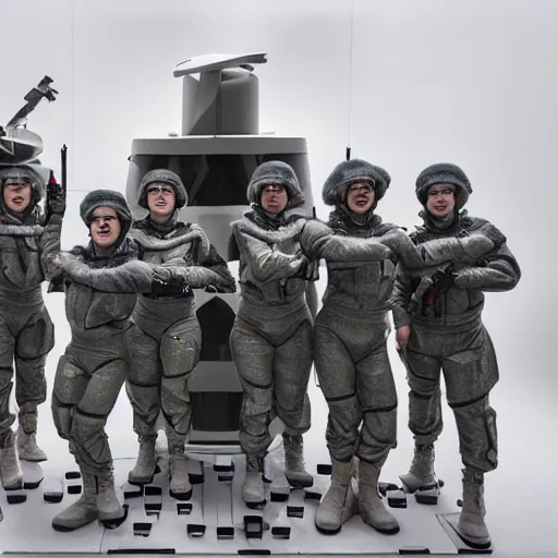 Prompt: a squad of futuristic soldiers posing for a group photo in a spaceship