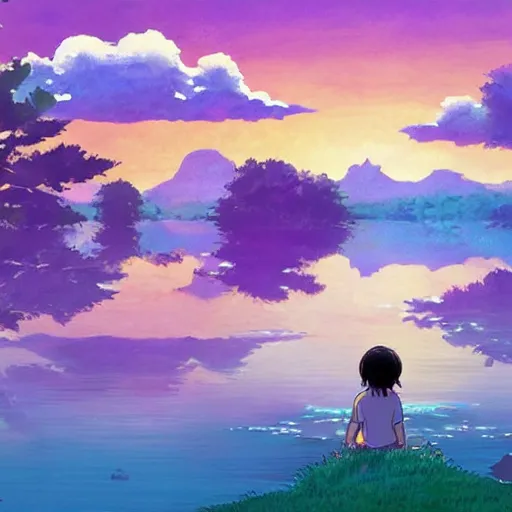 Image similar to a beautiful lake, fantasy art, 2 d, sunshine, warm colors, relaxing, calm, cozy, peaceful, by studio ghibli