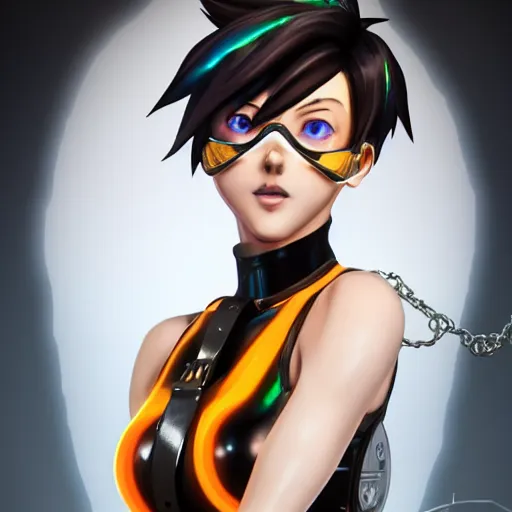 Prompt: full body digital artwork of tracer overwatch, wearing black iridescent rainbow latex tank top, 4 k, expressive happy smug expression, makeup, in style of mark arian, wearing detailed black leather collar, chains, black leather harness, leather cuffs around wrists, detailed face and eyes,