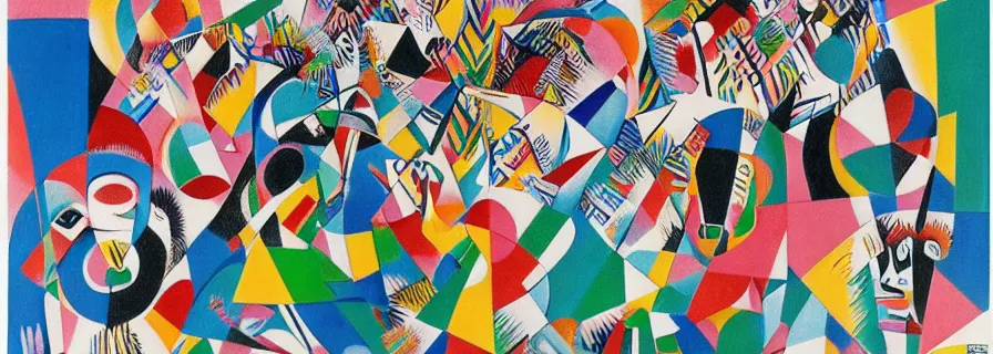 Prompt: party in jungles, girls with a slim figure in carnival skirts and guys in polygonal print shorts dance to the sound of ethnic drums, author zima blue, very elongated lines, wasily kandinsky, malevich, surrelialism, color splashes, grain