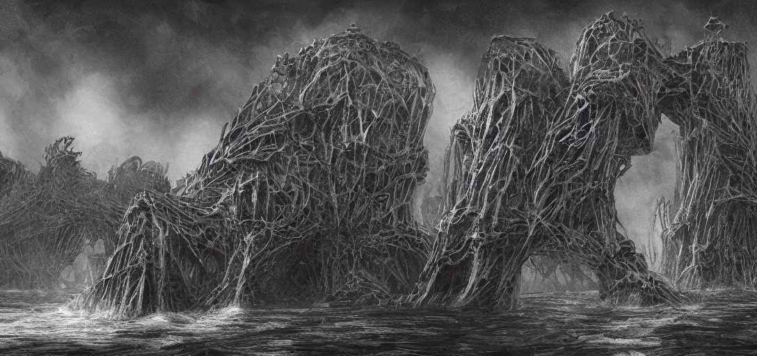 Image similar to cybergothic charcoal reefs, in the style of alex konstad, alejandro mirabal, dramatic, tragic, intricate, detailed, beautiful, 8 k resolution