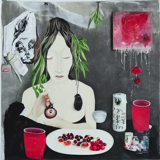 Image similar to “ a portrait in a female art student ’ s apartment, sensual, a pig theme, art supplies, surgical iv bag, octopus, ikebana, herbs, a candle dripping white wax, japanese pottery, squashed berries, berry juice drips, acrylic and spray paint and oilstick on canvas, surrealism, neoexpressionism ”