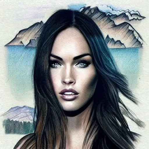 Image similar to realism tattoo sketch of double exposure megan fox with beautiful mountain scenery, in the style of andrey lukovnikov