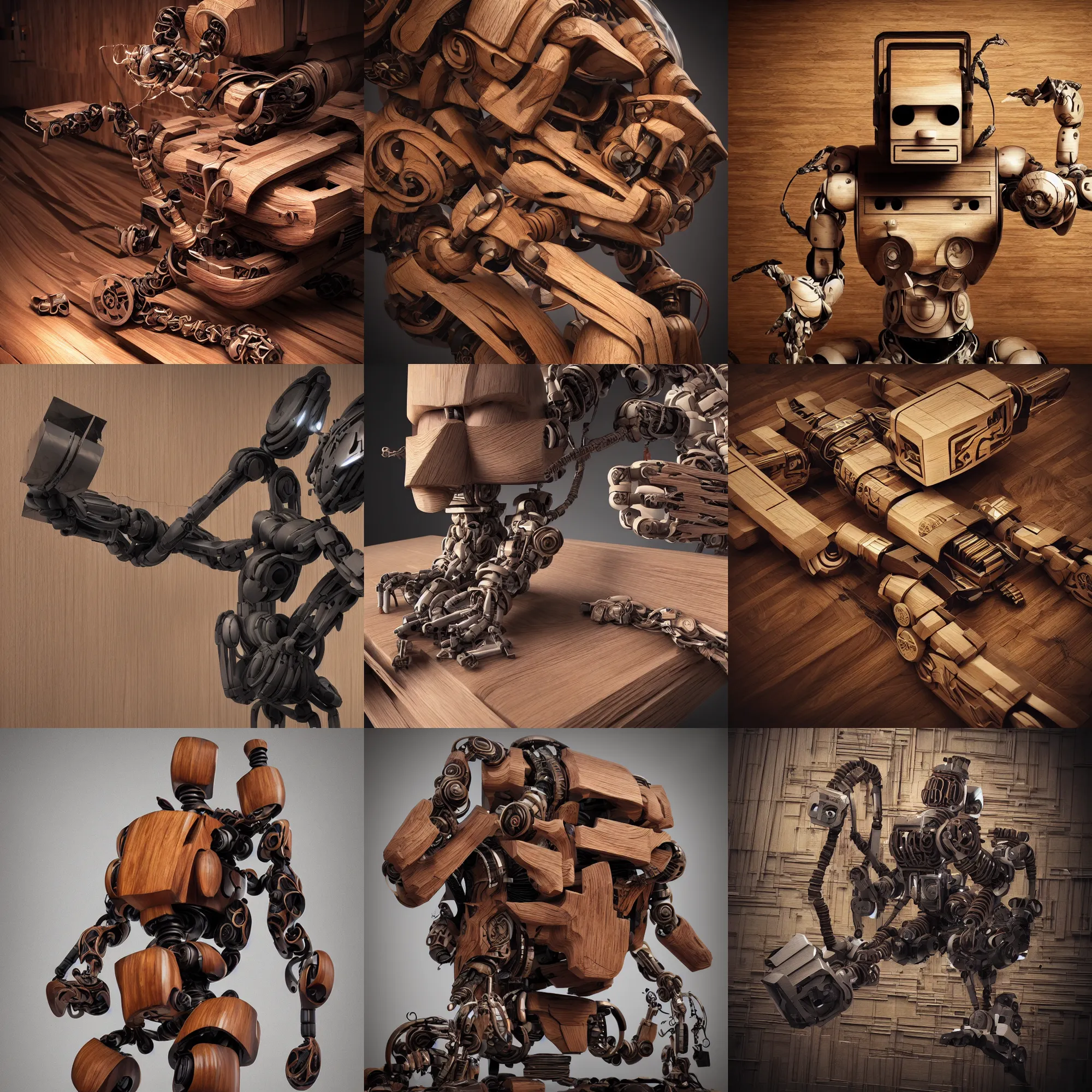 Prompt: octane render ultra photo realistic, wood carving robot graffiti wooden cyberpunk contemporary art gallery