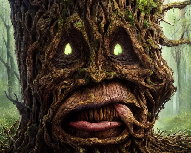 Image similar to a talking tree, a face in the bark, nose made of wood, mouth in the bark, eyes in the bark, fantasy concept art, fantasy oil painting, hyperrealistic, treebeard, ents, magical, highly detailed, artstation, cgsociety, in the forest