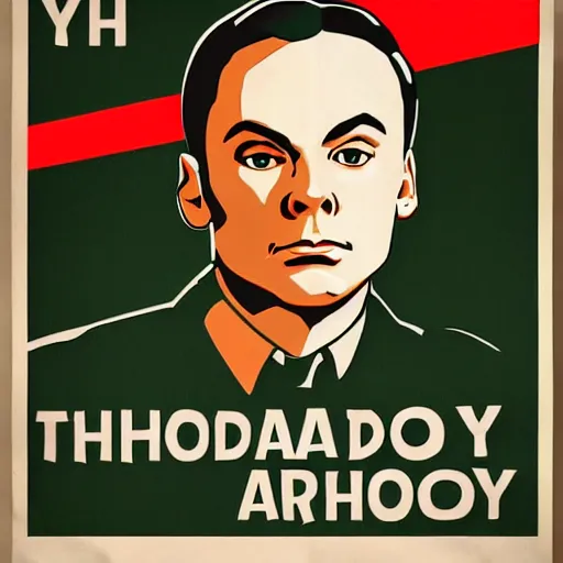 Image similar to propaganda poster of Sheldon Cooper in front of a large army