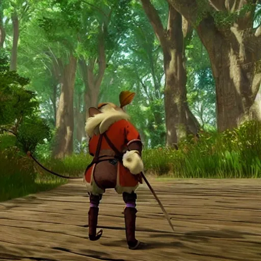 Image similar to an anthropomorphic rat dressed in medieval clothing, walking through a lush forest, studio Ghibli, kingdom come deliverance