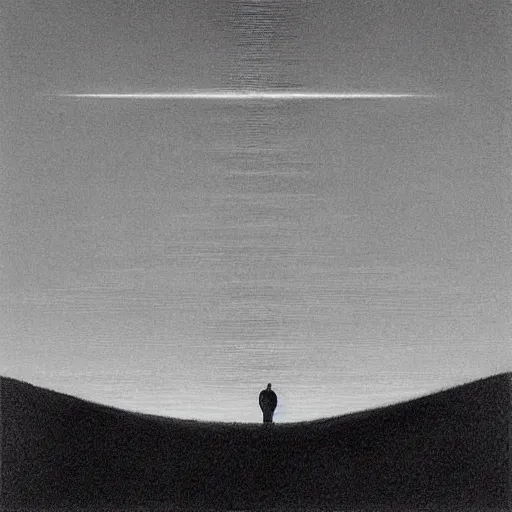 Image similar to “ close up of two men looking up the sky. the sky is totally black. art by zdzisław beksinski ” — w 1 9 2 0 — h 1 4 4 0 — steps 5 0