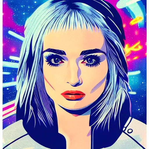 Prompt: a highly detailed and accurate pulp portrait of kim petras in space, 1 9 7 0 s, space station, neon light, delicate embellishments, woman art, painterly, offset printing technique