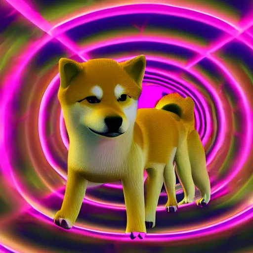 Image similar to two shiba inu in the psychedelic baroque dmt fourth dimensional tunnel, octane 3 d render