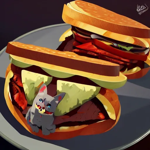 Prompt: giant carnivorous sandwich chasing the scared cat, artstation hq, dark phantasy, stylized, symmetry, modeled lighting, detailed, expressive, created by hayao miyazaki