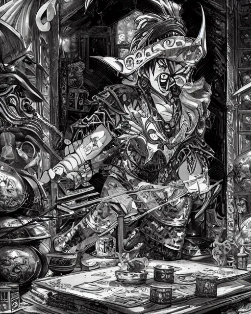 Image similar to A merchant selling treasuries and potions, high detailed store, black and white, fantasy art, in the style of masami kurumada, illustration, epic, fantasy, intricate, hyper detailed, artstation, concept art, smooth, sharp focus, ray tracing