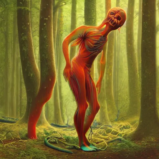 Image similar to corpse on forest floor, chromostereopsis beeple boris vallejo